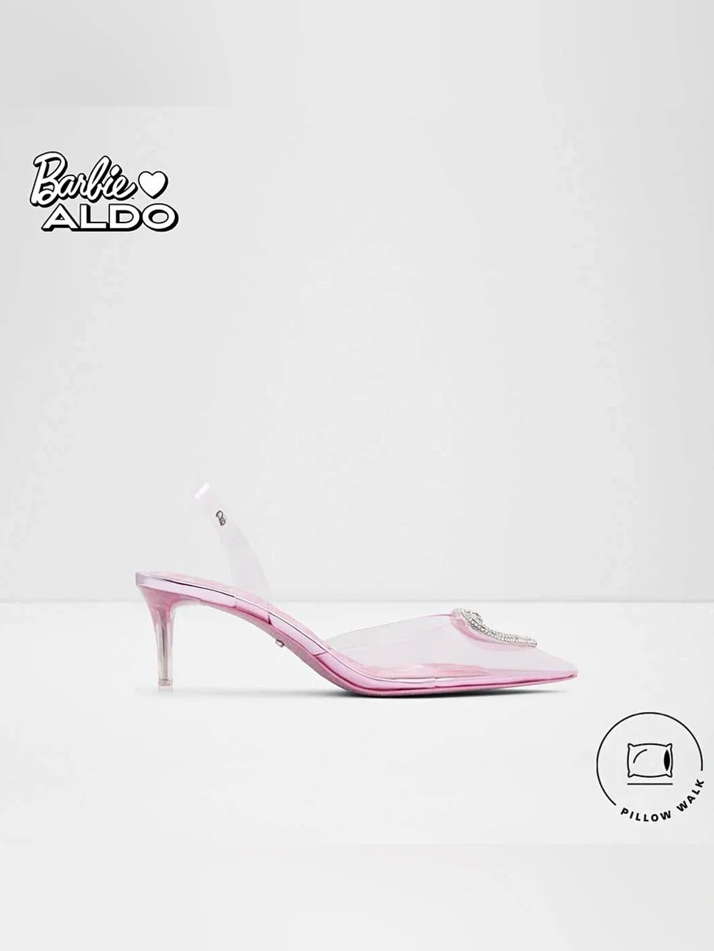 ALDO × Barbie Slingback Heels in Clear Pink with Crystal Heart Gems
